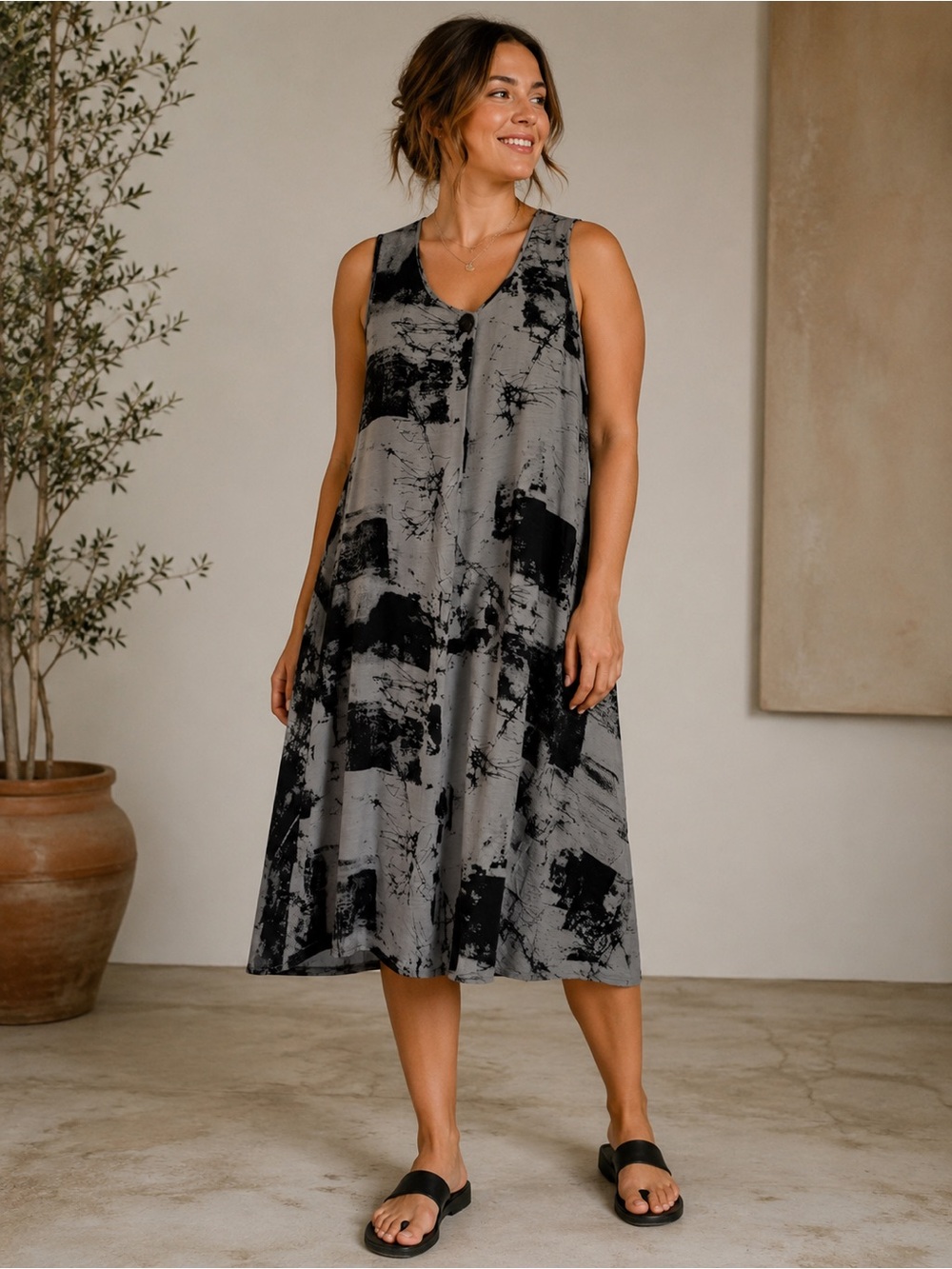 Glam & Fame V-Neck Gray & Black Abstract Midi Dress